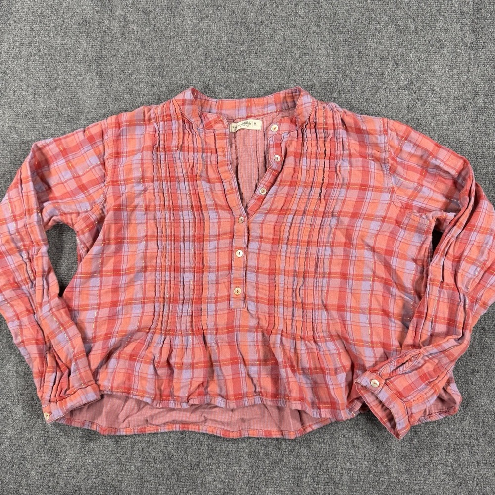 Natural Life Top Medium Plaid Pop Over Pintuck Pleated Boho Beach